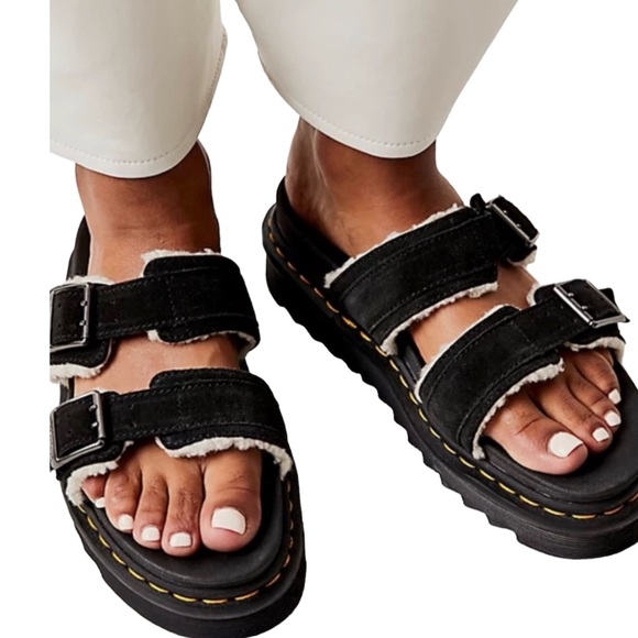 Dr. Martens Myles Faux Fur Black Suede Platform Sandal US M 11/ US L 12